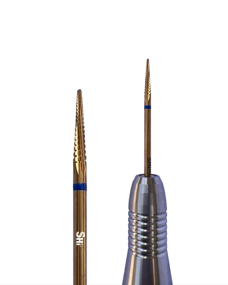 SHi® Cuticle Bit Pro 2.0, featuring a thin, tapered point designed for precision work near the cuticle and cleaning underneath nails. Ideal for professional nail technicians. Shi Professional