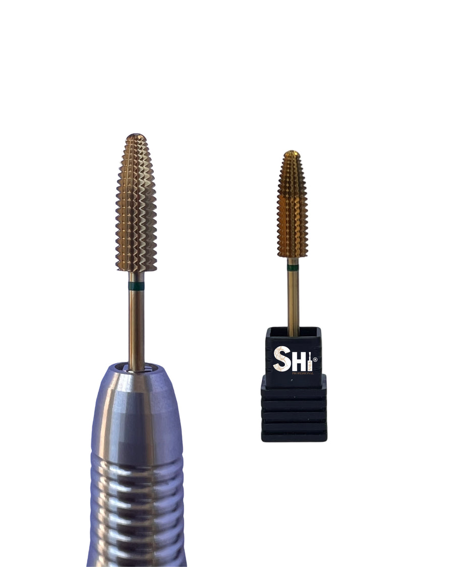 SHi® Hurricane Precision EF5 Carbide E-bits - Coarse grit nail drill bit designed for rapid removal of acrylic, dip powder, and gel with a rounded top for precise cuticle work. Features thermal stability, friction resistance, and long-lasting performance. Ideal for both right and left-handed use. SHi Professional