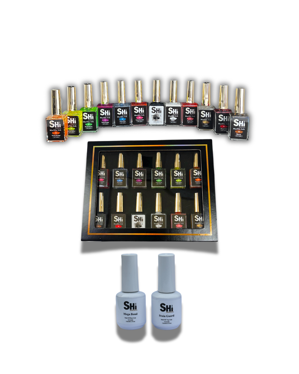 Upgrade your nail art essentials with the SHi® Magic Marble Art Bundle—an all-in-one kit combining the SHi® Marble Ink Art Kit, Stained Guard Top Coat, and MegaBond Soak Off Rubber Base Coat. Designed to make your nail designs truly unforgettable, this bundle offers the tools you need for vibrant, durable, and stain-resistant nail art. Shi Professional