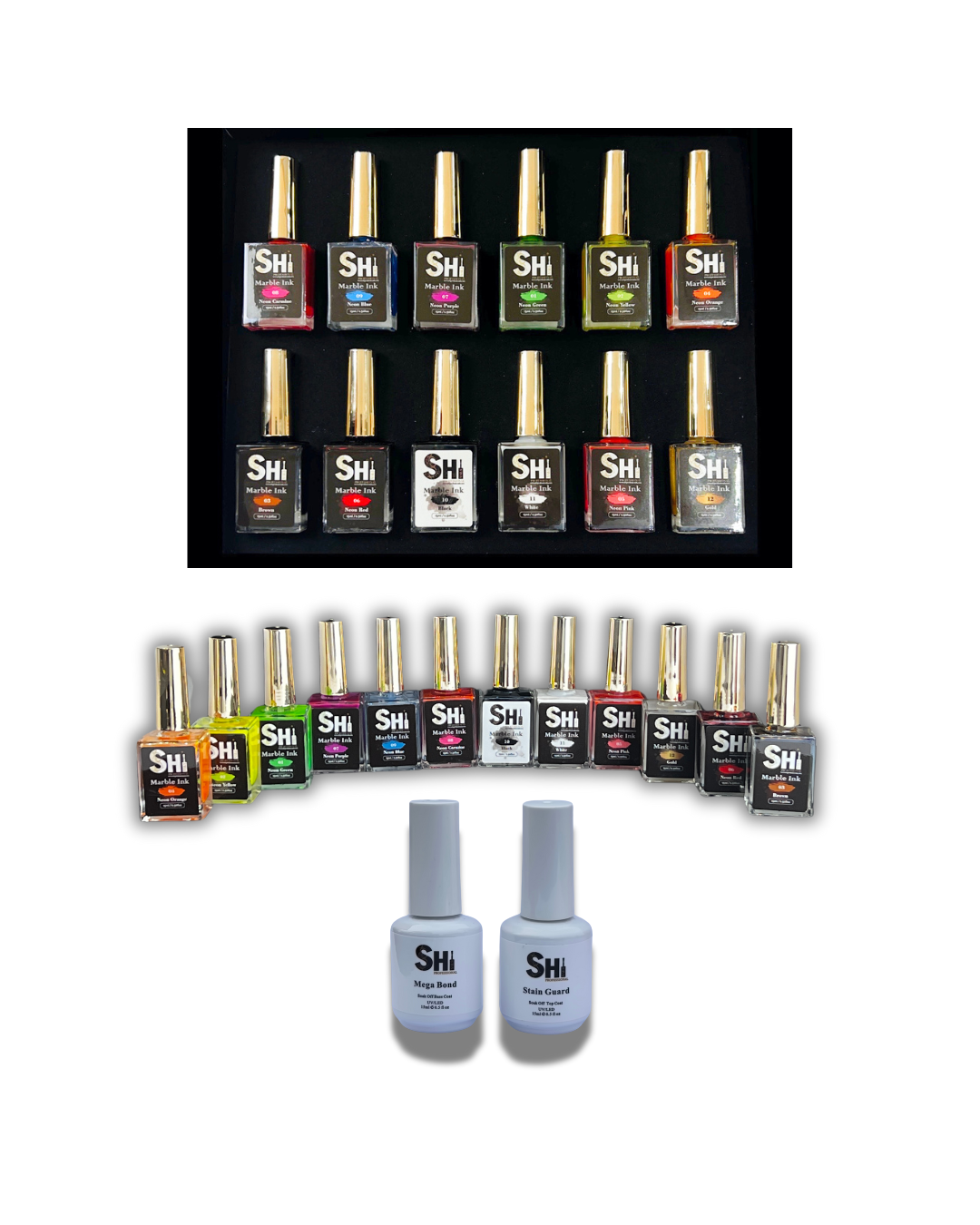 Upgrade your nail art essentials with the SHi® Magic Marble Art Bundle—an all-in-one kit combining the SHi® Marble Ink Art Kit, Stained Guard Top Coat, and Upgrade your nail art essentials with the SHi® Magic Marble Art Bundle—an all-in-one kit combining the SHi® Marble Ink Art Kit, Stained Guard Top Coat, and MegaBond Soak Off Rubber Base Coat. Designed to make your nail designs truly unforgettable, this bundle offers the tools you need for vibrant, durable, and stain-resistant nail art. Shi Professional